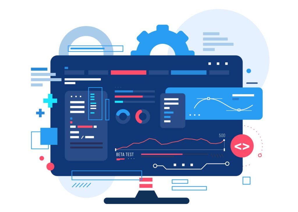 Enterprise software development illustration with laptop, cloud, AI and development tools