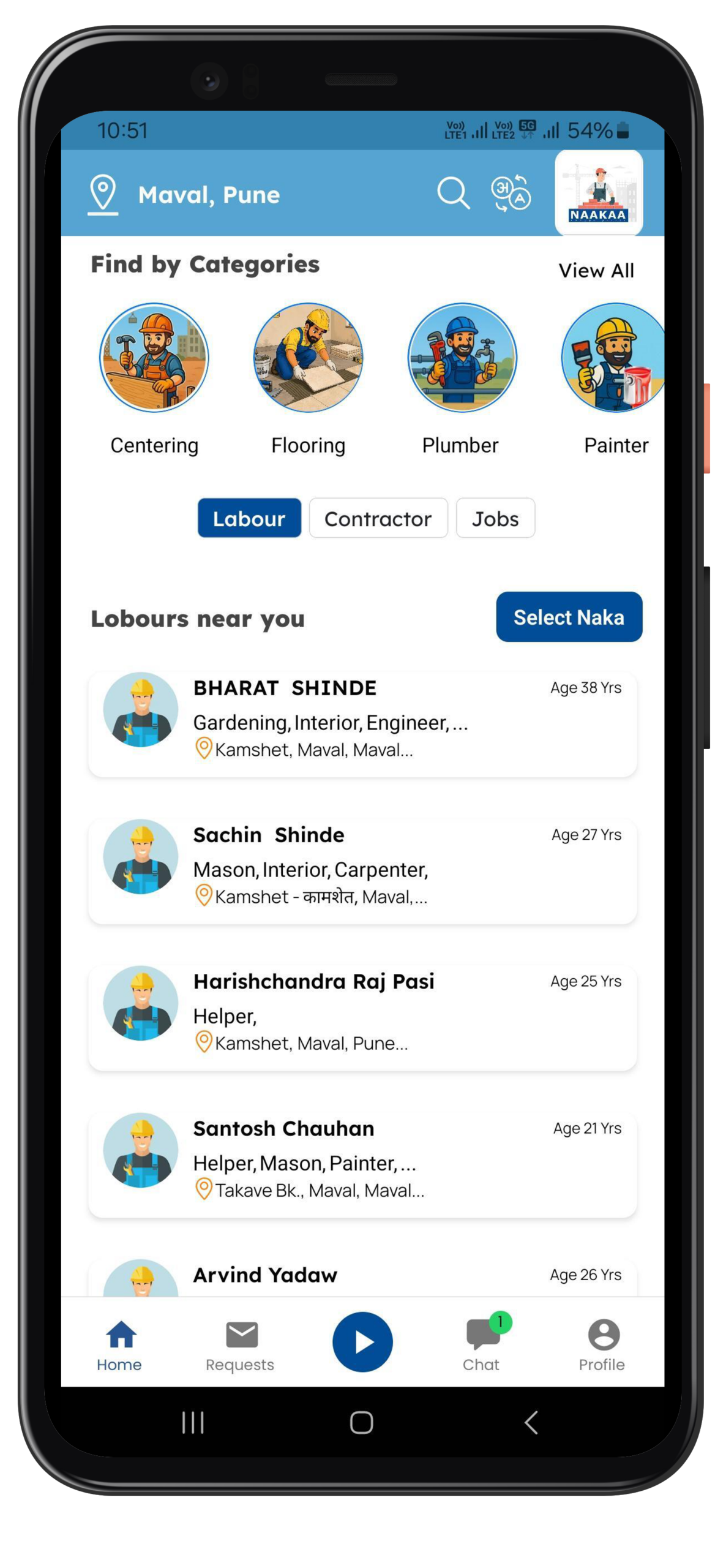 Naaka app contractor dashboard showing available workers
